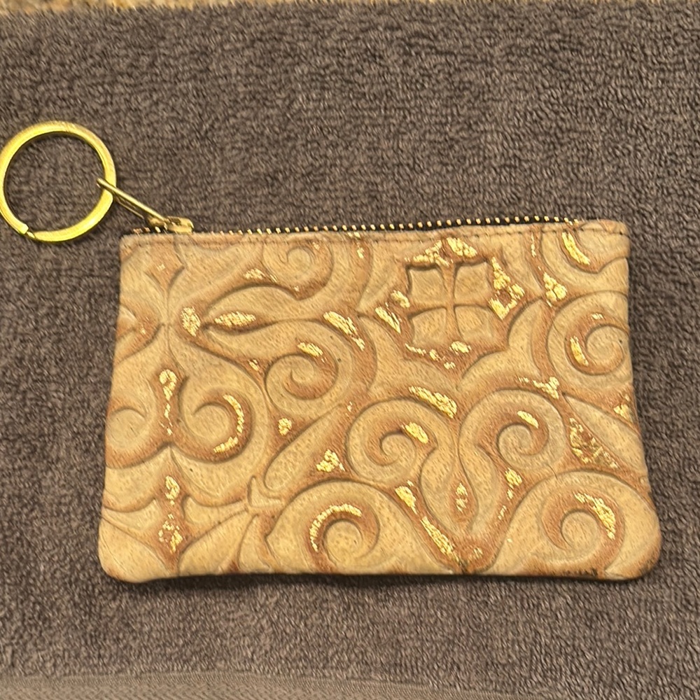 Gold and Tan Embossed Keychain Pouch